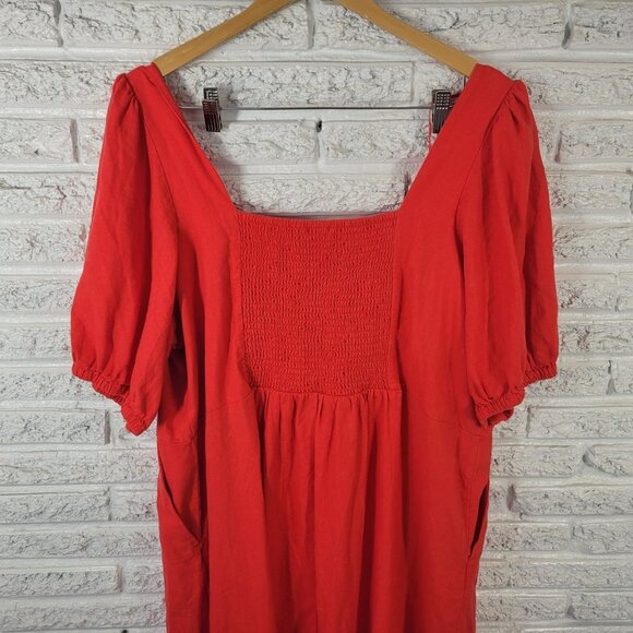 Old Navy Womens Dress XXL Plus Midi Puff Sleeve Pleated Smocked Red SWE143E - Picture 8 of 12